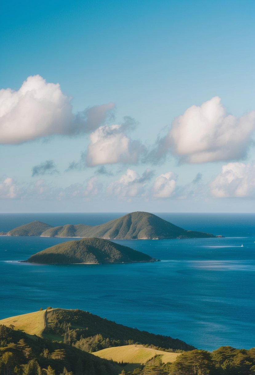 A scenic view of the San Juan Islands, with rolling hills, lush forests, and the sparkling waters of the Pacific Ocean