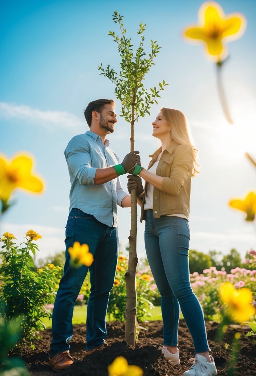 A couple planting a tree together, surrounded by blooming flowers and a sunny sky