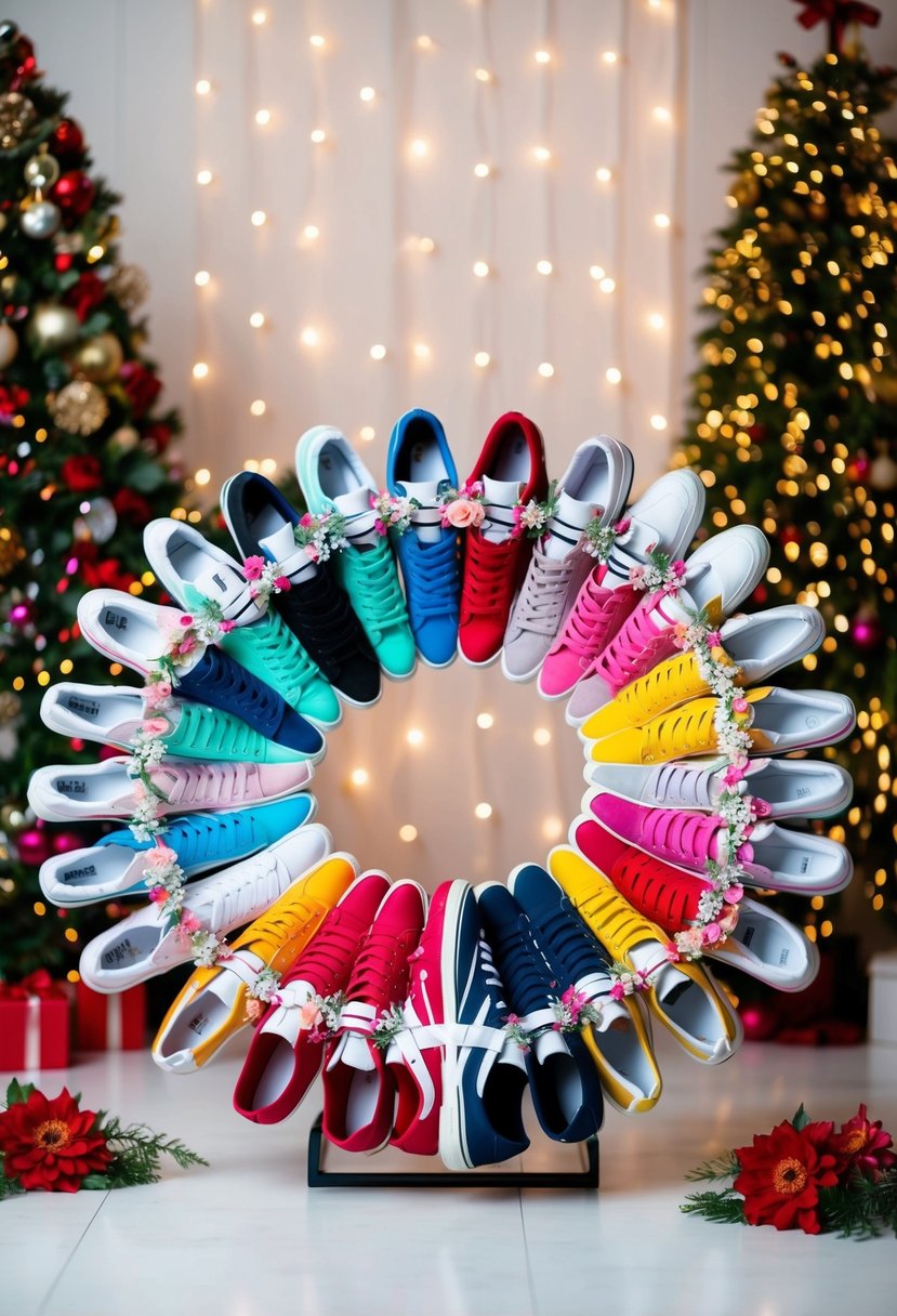 A colorful array of sneakers arranged in a circular pattern, adorned with floral and ribbon accents, set against a backdrop of twinkling lights and festive decor