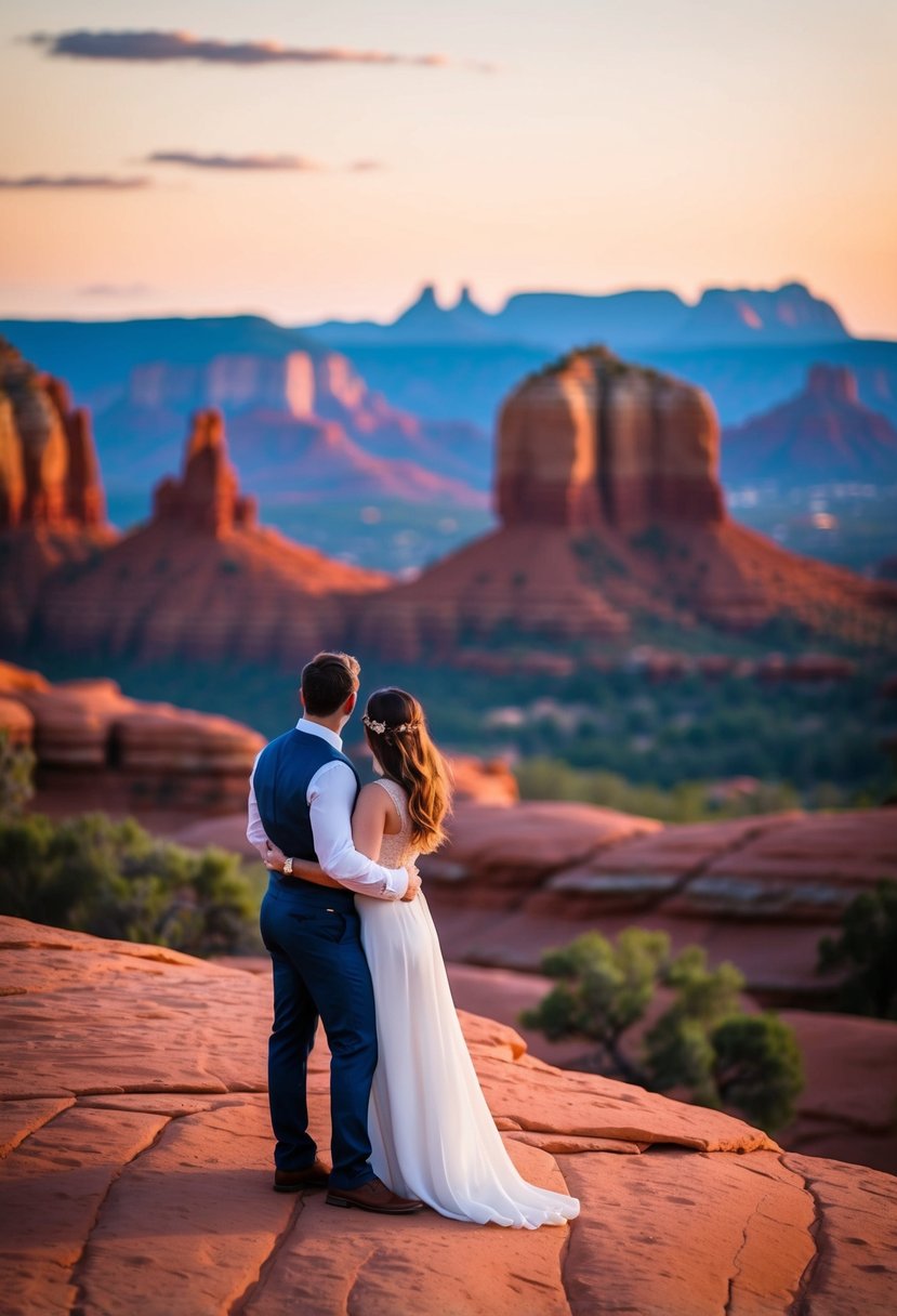 A couple watches the sunset over the red rock formations in Sedona, Arizona, surrounded by the desert landscape