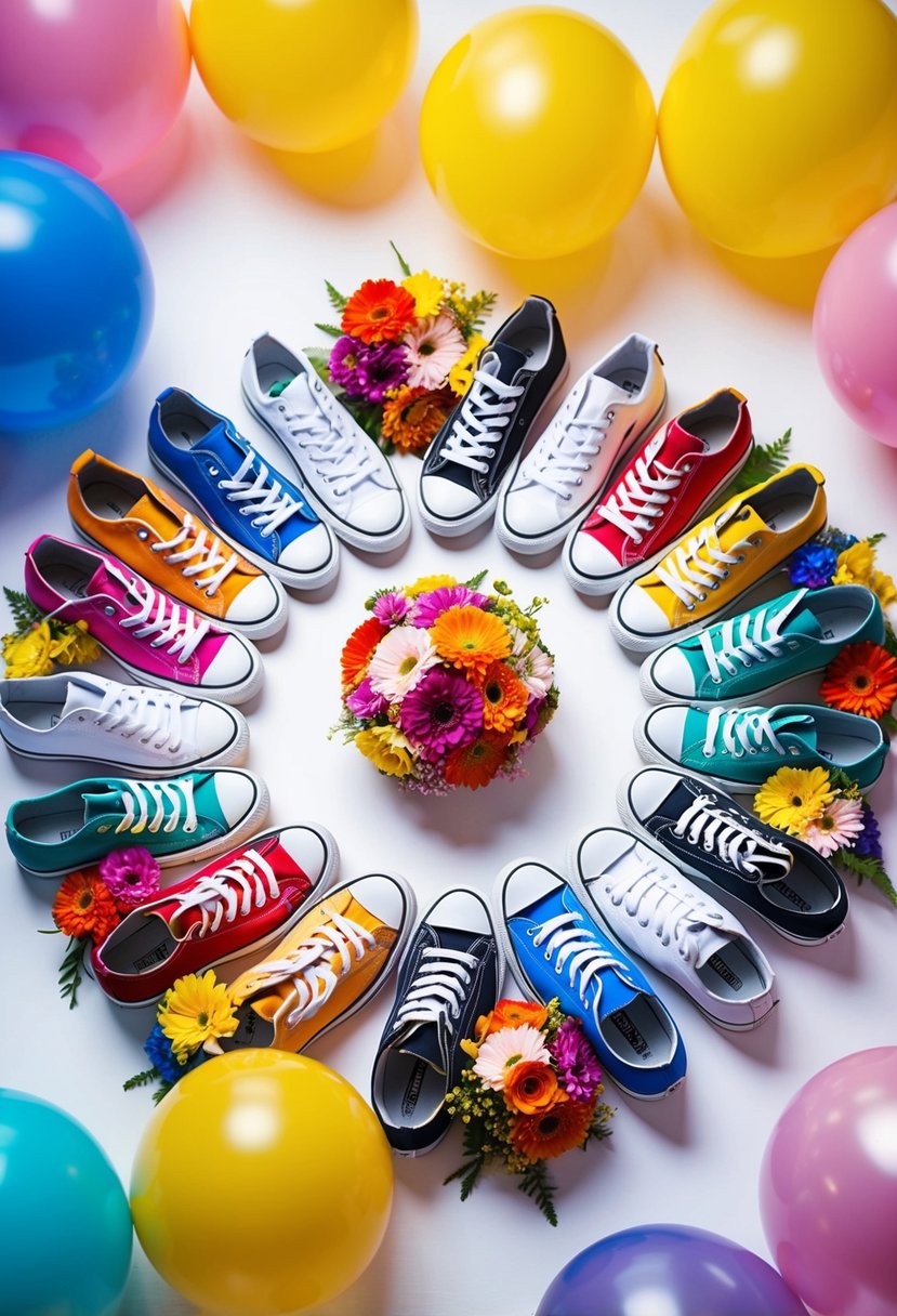 A colorful array of sneakers arranged in a circle with vibrant flowers and balloons, set against a bright backdrop for a sneaker ball wedding theme