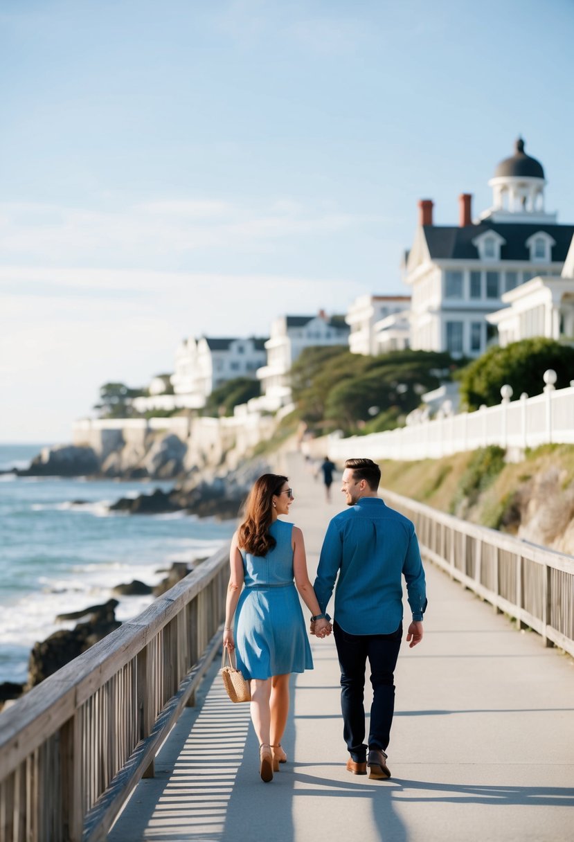 A couple strolling along the Newport Cliff Walk, with historic mansions and the ocean in the background