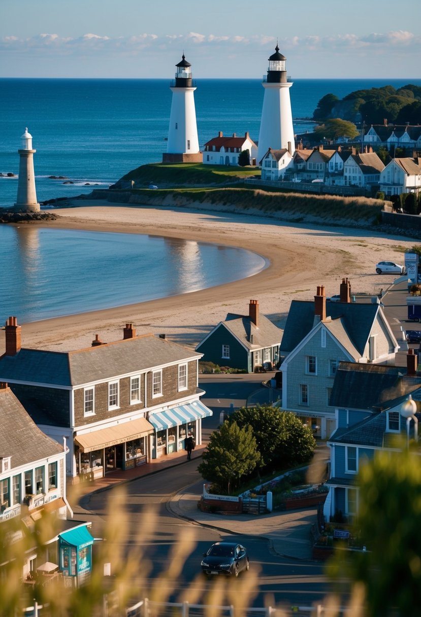 A charming seaside town with lighthouses, beaches, and quaint shops