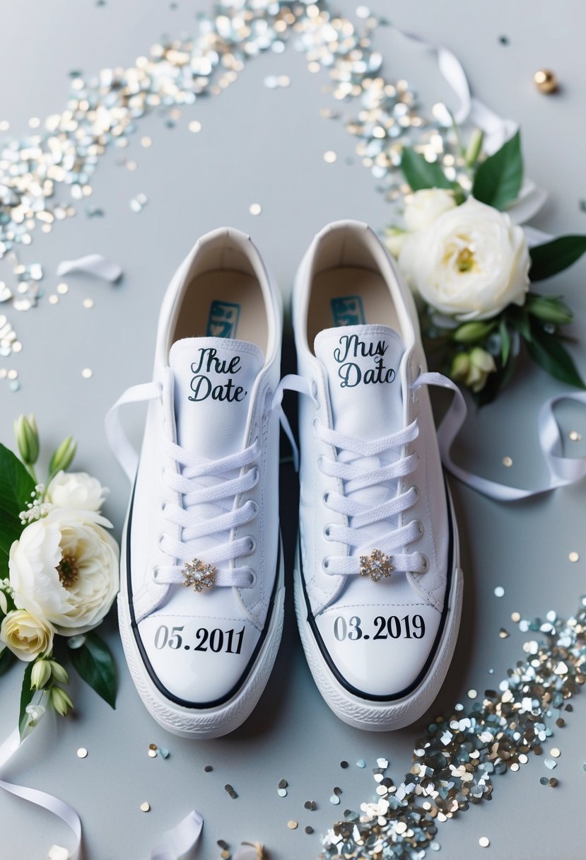 A pair of white sneakers adorned with the couple's wedding date, surrounded by glittering confetti and elegant floral accents