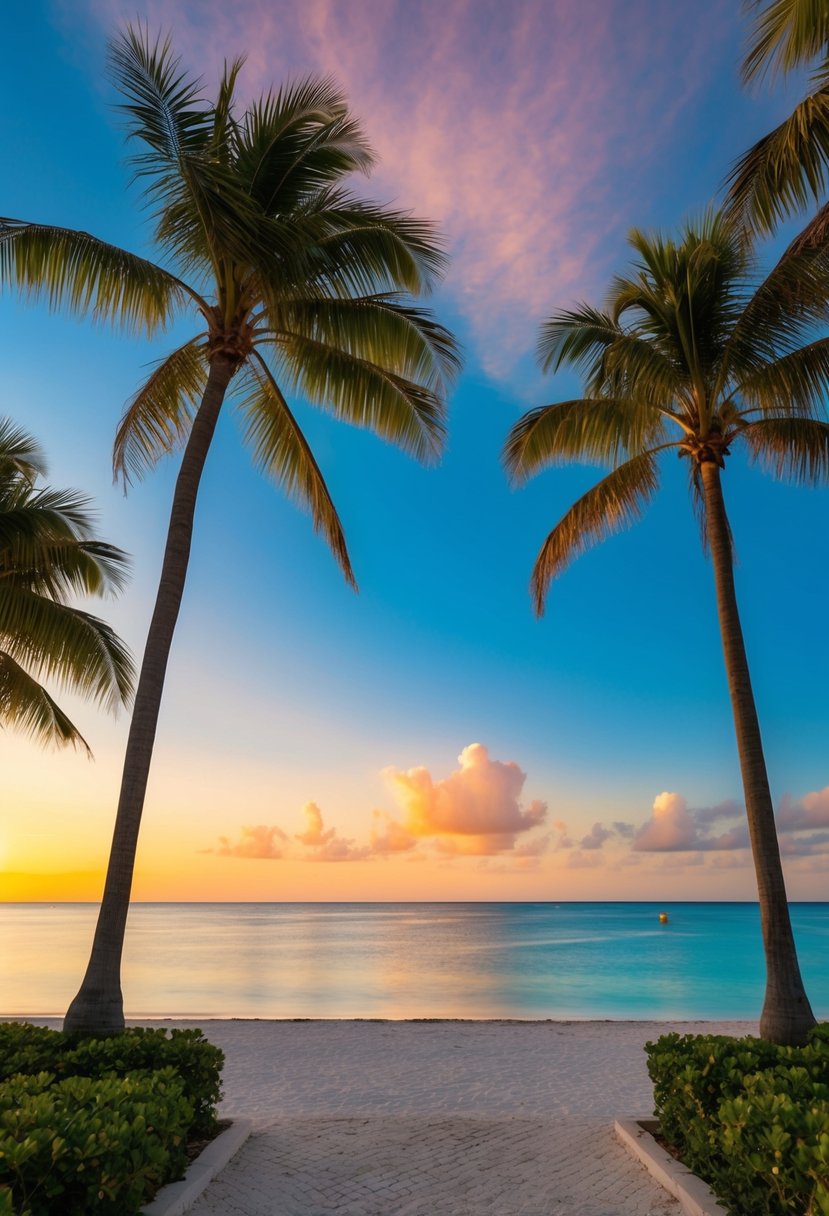 A serene beachfront at Bungalows Key Largo, with palm trees, clear blue waters, and a romantic sunset