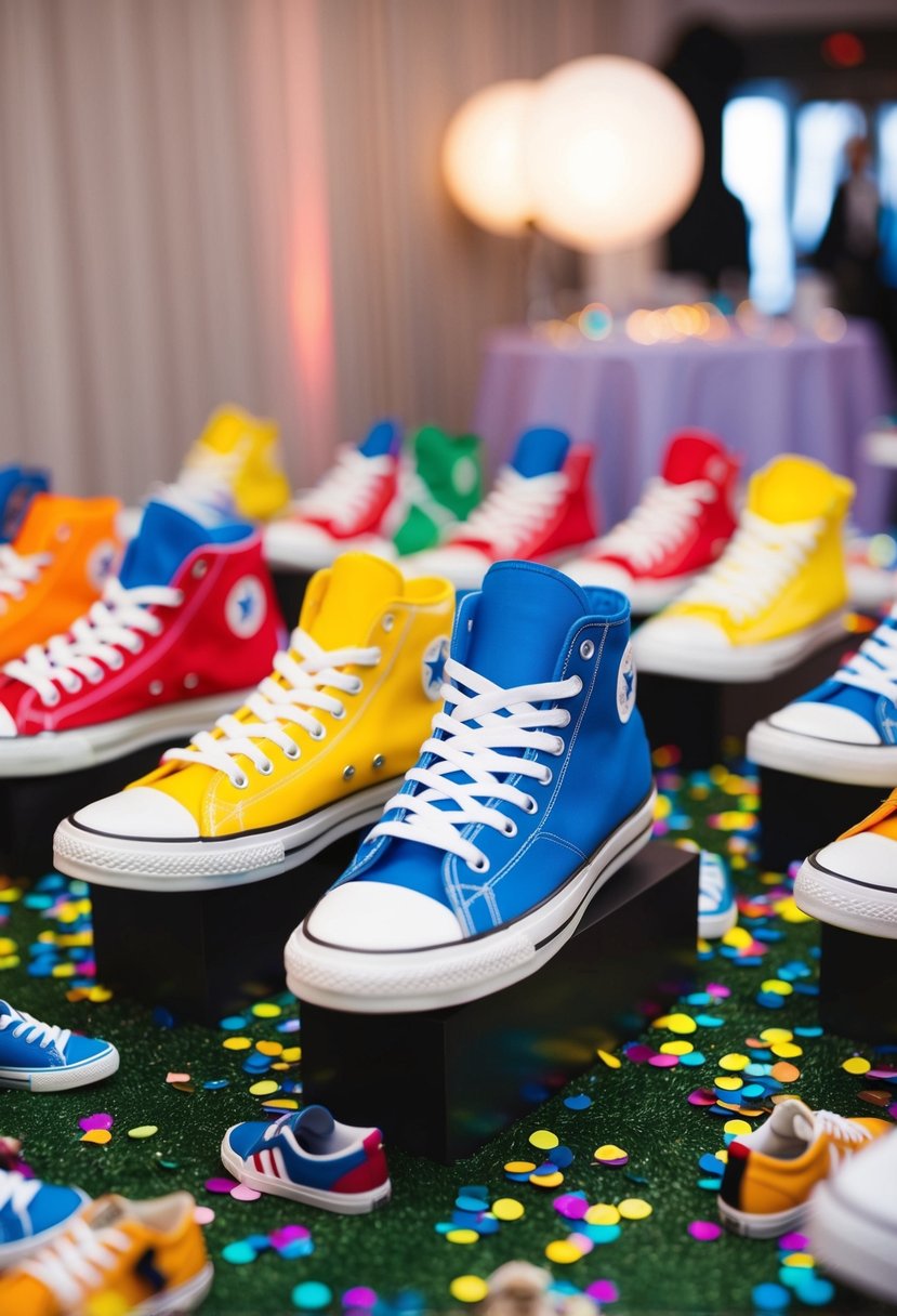 Colorful sneaker-shaped centerpieces arranged on tables, surrounded by scattered confetti and miniature shoe decorations