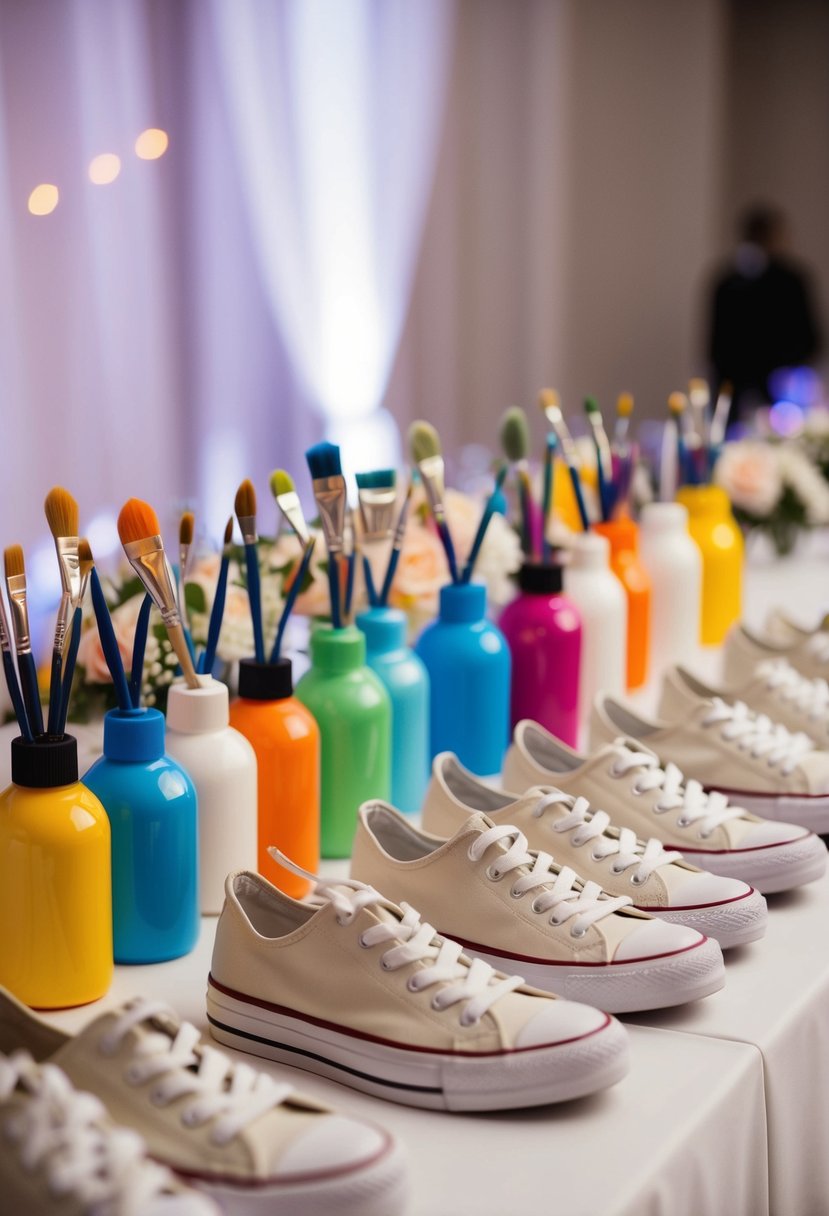 A colorful array of paint bottles, brushes, and blank sneakers set up on a table at a wedding reception