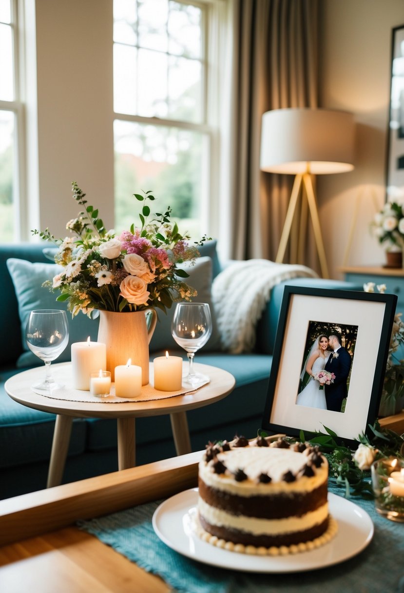 A cozy living room with a table set for two, adorned with flowers, candles, and a cake. A framed wedding photo sits nearby