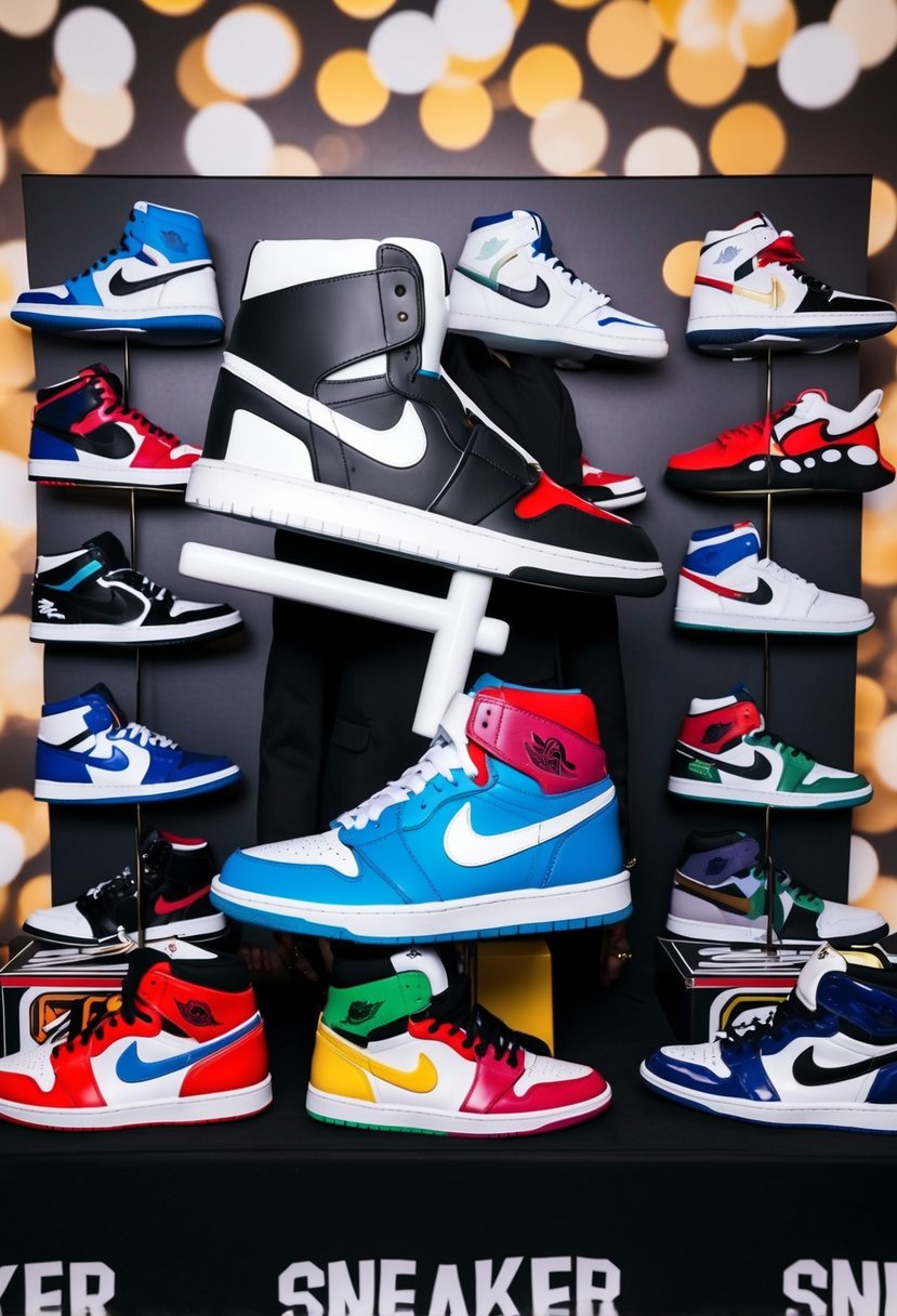 A photo booth adorned with oversized sneaker props, a backdrop of sneaker-themed decorations, and a display of various sneaker designs