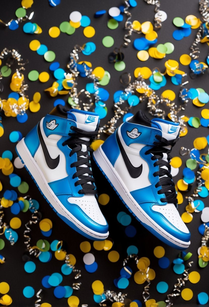 A pair of sneaker-shaped wedding invitations surrounded by confetti and streamers, with a "sneaker ball" theme evident in the design