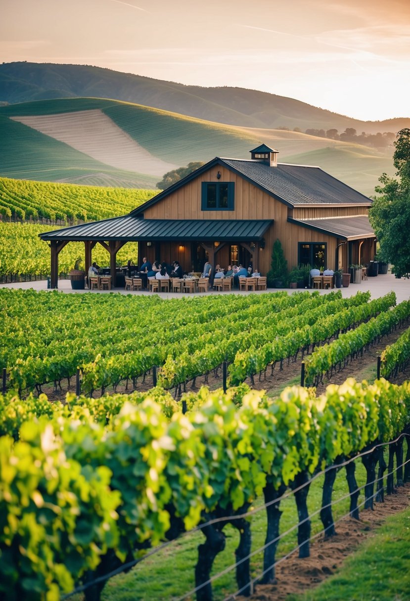 Vineyard overlooks rolling hills, rows of grapevines, and a rustic winery building with outdoor seating and wine tasting