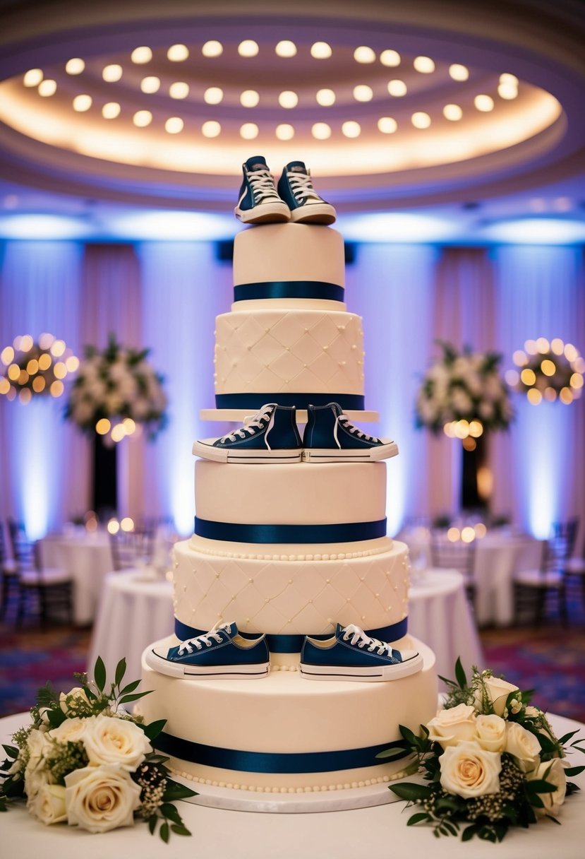 A towering wedding cake adorned with miniature sneakers in a ballroom setting, surrounded by elegant floral arrangements and twinkling lights