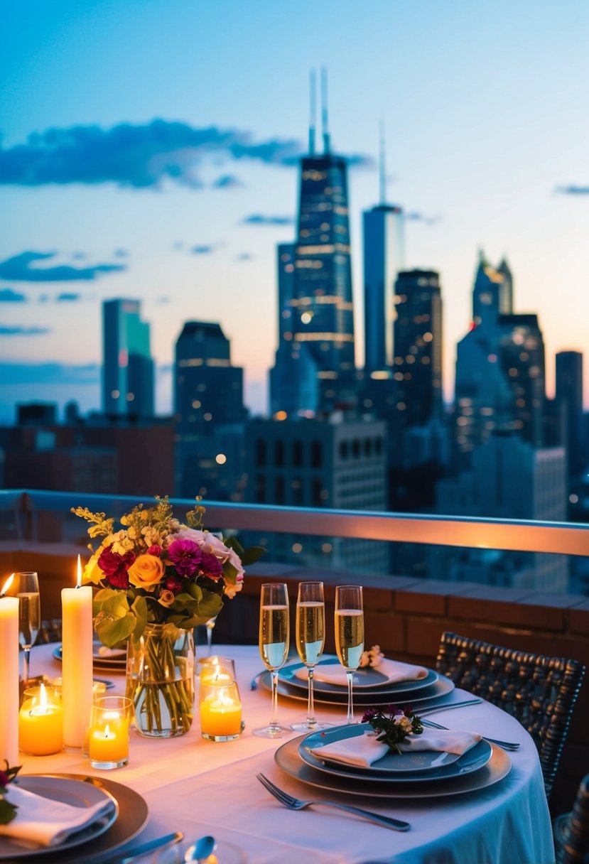 A candlelit table with a view of the city skyline, adorned with flowers and champagne, set for a romantic rooftop dinner