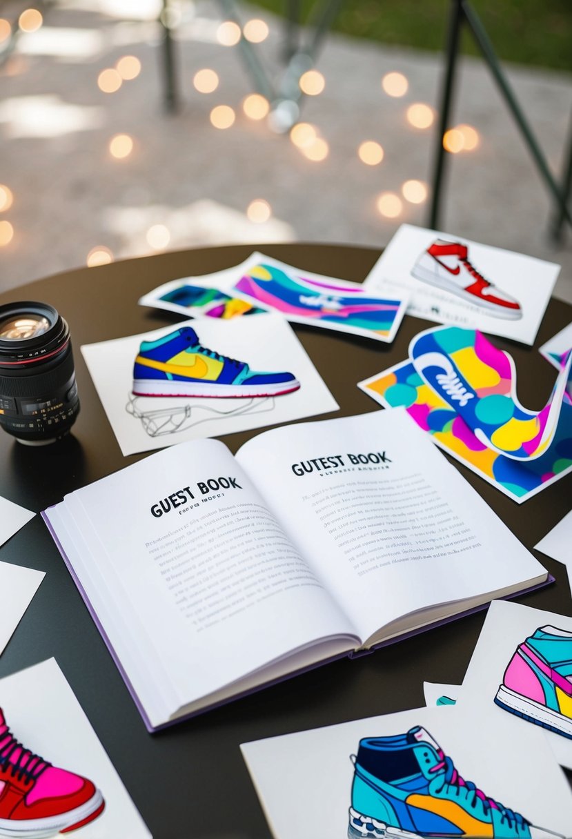 A guest book open on a table, surrounded by colorful sneaker illustrations and sketches of ideas for a sneaker ball wedding