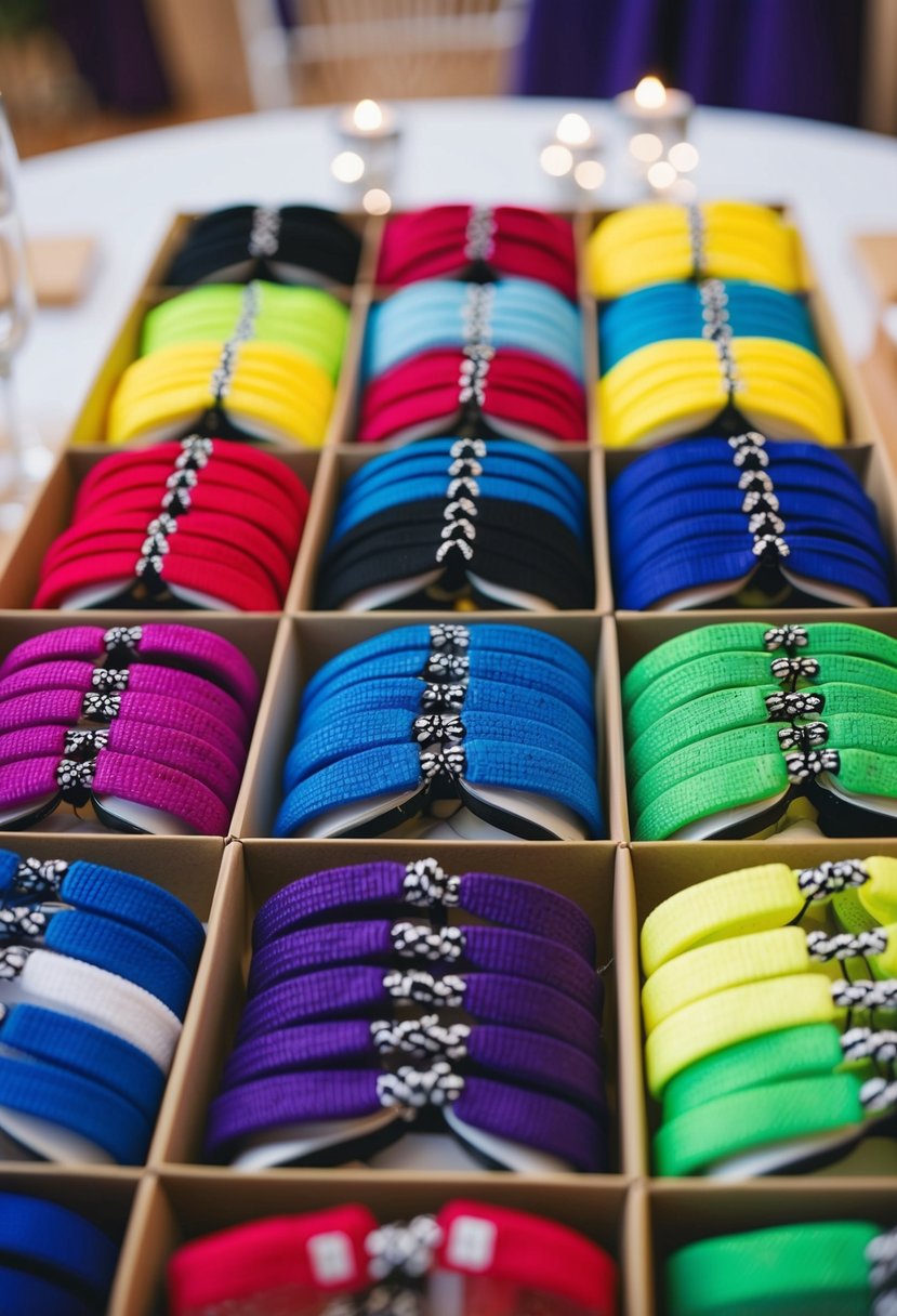 A colorful array of custom sneaker laces arranged in a decorative display, ready to be given as wedding favors at a sneaker ball themed wedding