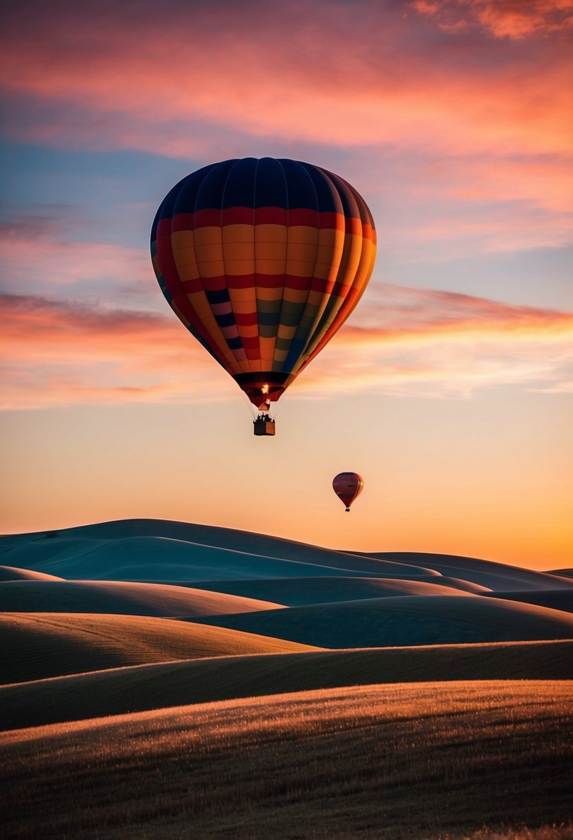 A colorful hot air balloon floats over rolling hills at sunset