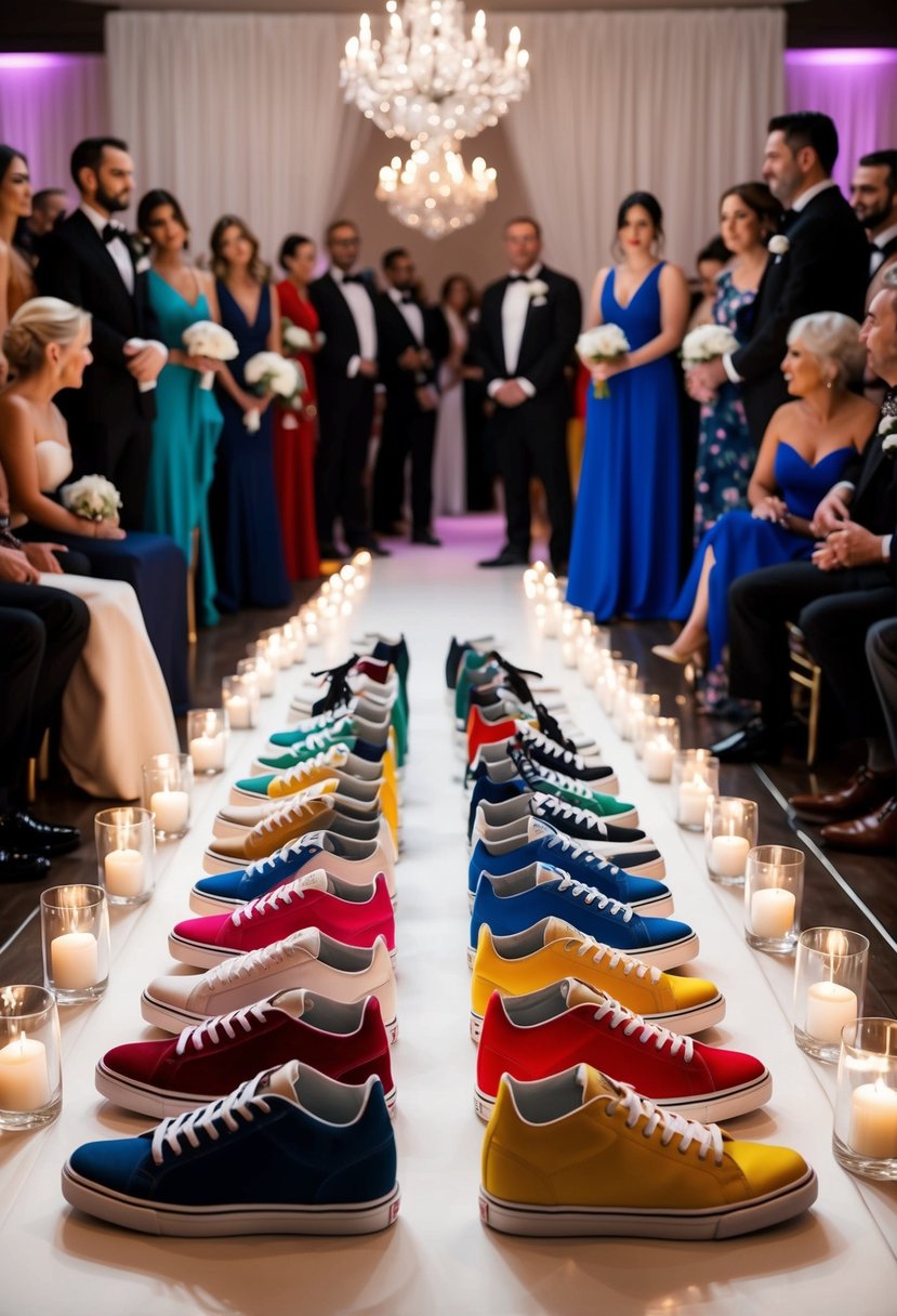 A runway with colorful sneakers lined up, spotlighted, and surrounded by an audience of elegantly dressed guests at a wedding reception