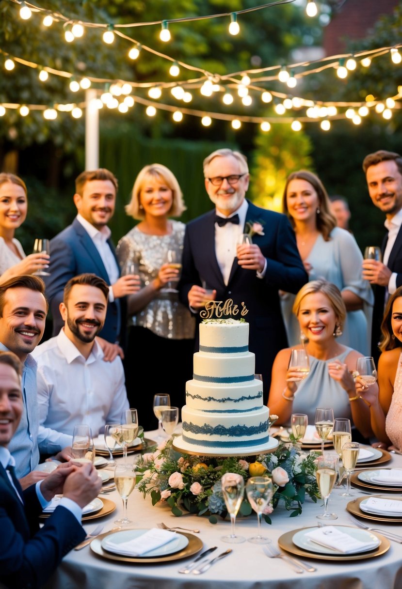 A festive outdoor garden party with twinkling lights, elegant table settings, and a large anniversary cake surrounded by happy guests