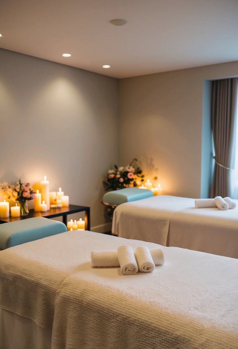 A serene spa room with two massage tables, soft lighting, and soothing music. Aromatherapy candles and fresh flowers add to the ambiance