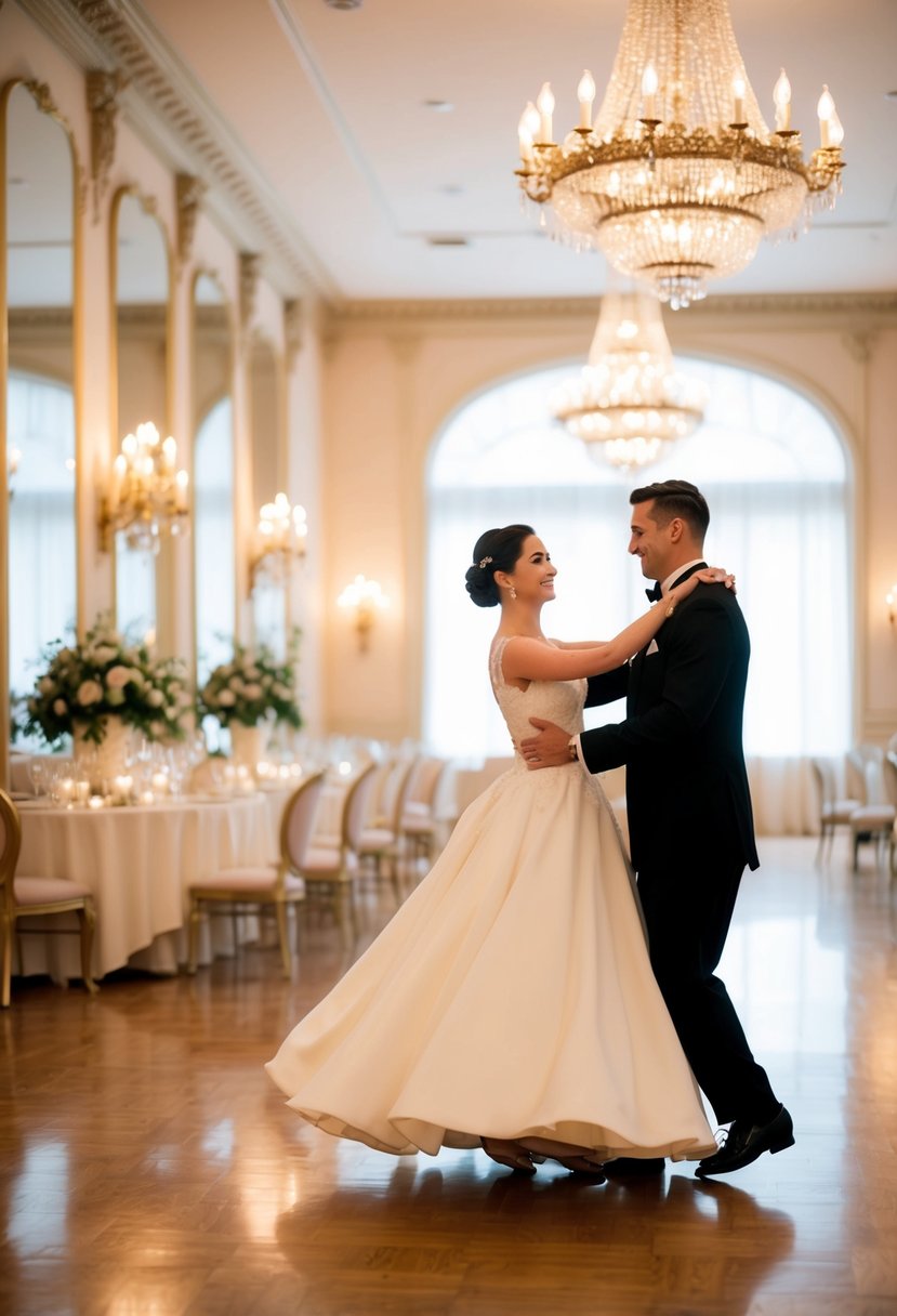 A couple gracefully waltzing in a grand ballroom, surrounded by mirrors and elegant decor