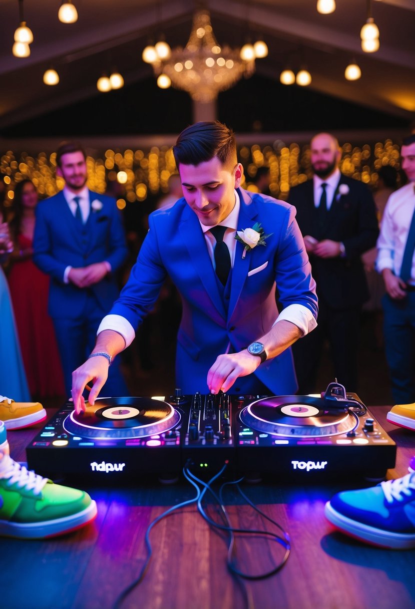 A DJ surrounded by colorful, glowing sneakers, spinning records at a wedding reception