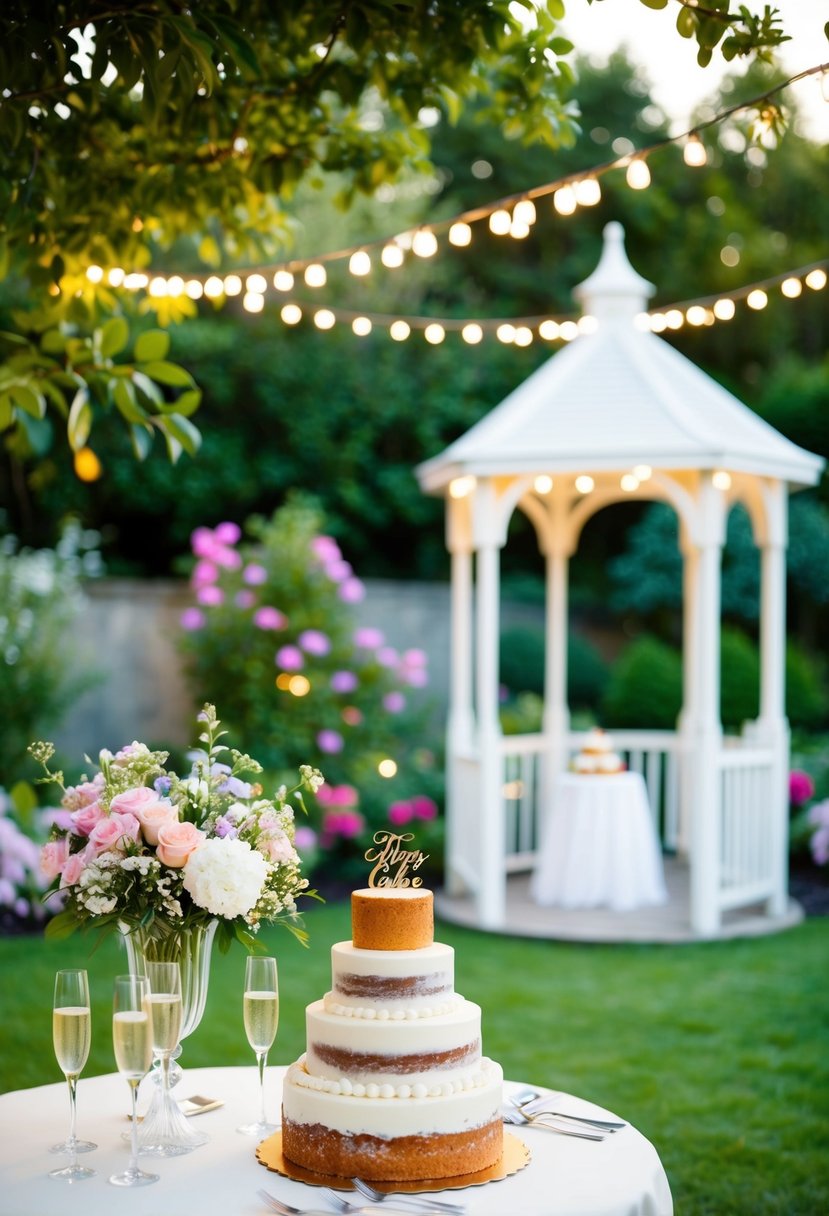 A garden adorned with flowers, a gazebo with twinkling lights, and a table set with a champagne toast and a tiered cake