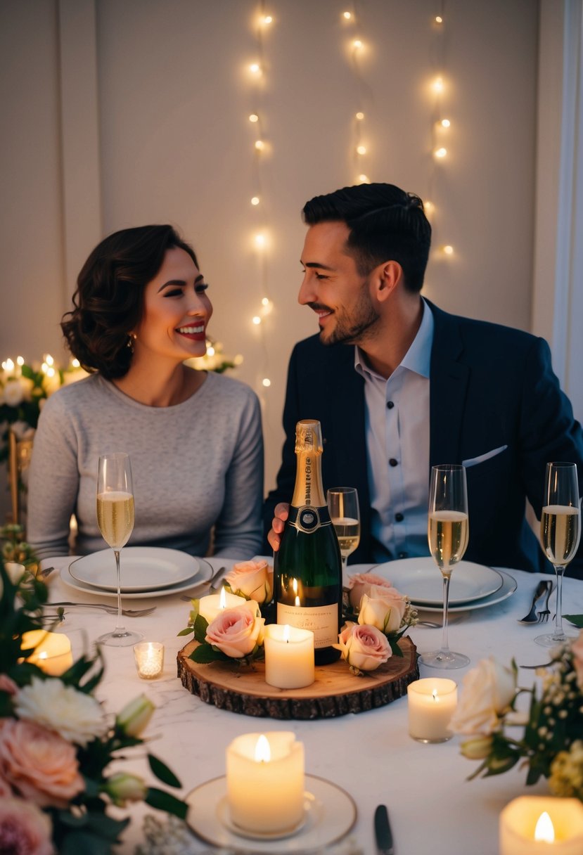 A couple sits at a candlelit table, surrounded by flowers and a bottle of champagne, reminiscing about their first date 55 years ago