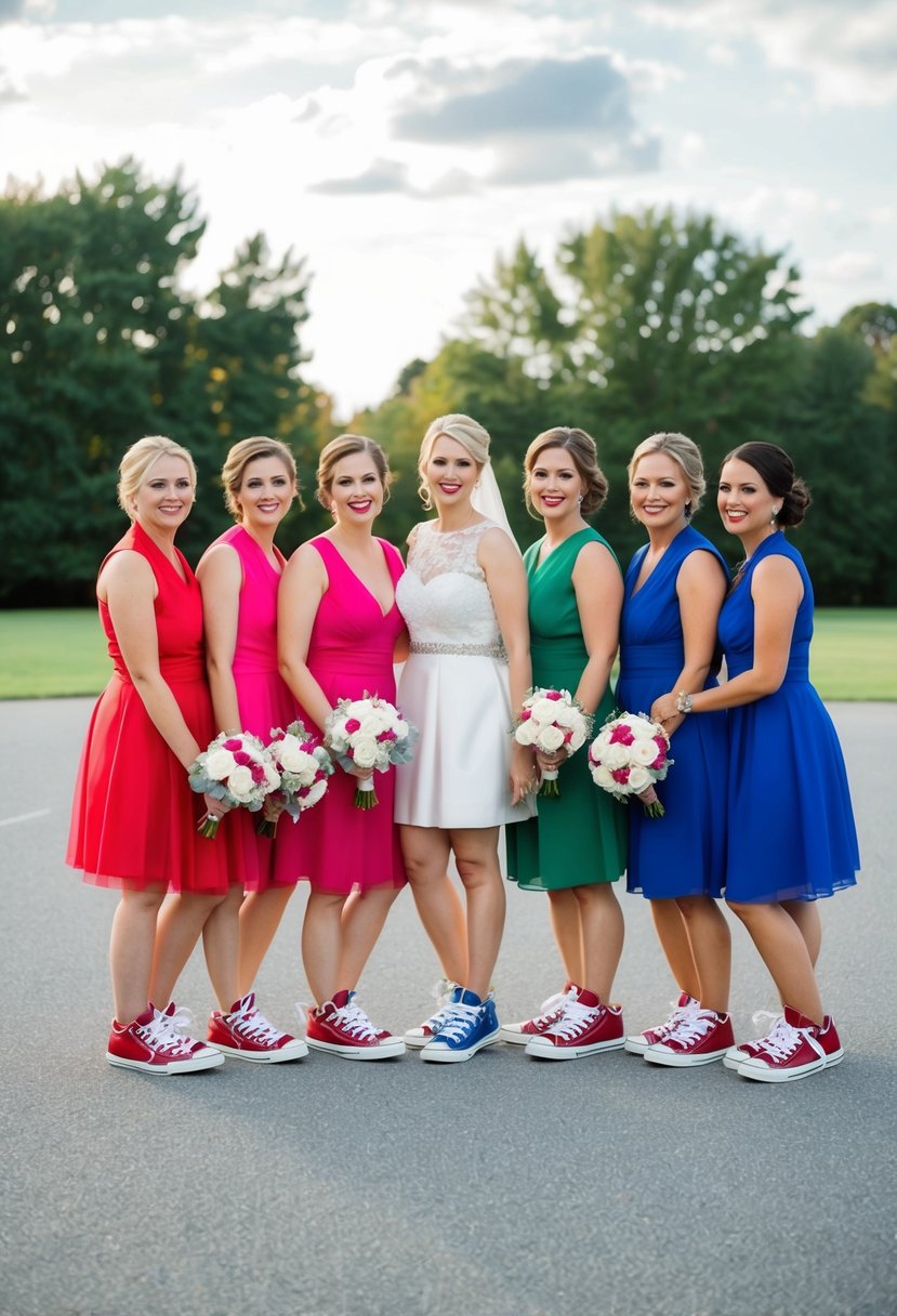 Bridal party in coordinated outfits and matching sneakers at a sneaker ball wedding