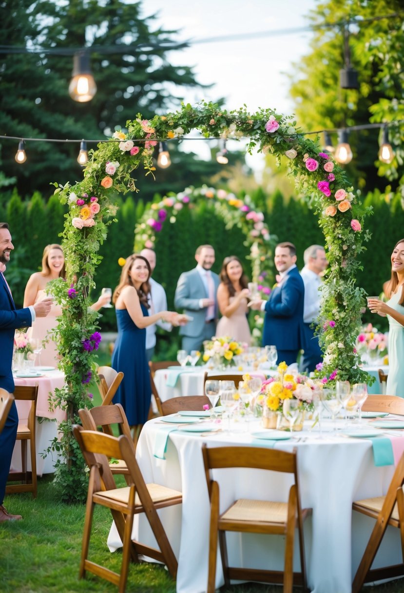 A joyous outdoor garden party with a decorative arch, tables adorned with flowers, and a festive atmosphere filled with laughter and love