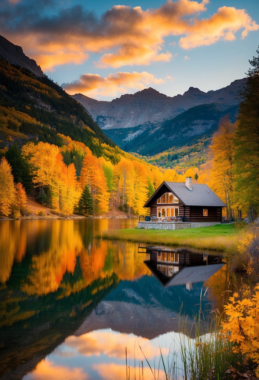 A cozy cabin nestled in the mountains, surrounded by colorful autumn foliage and a tranquil lake reflecting the golden sunset