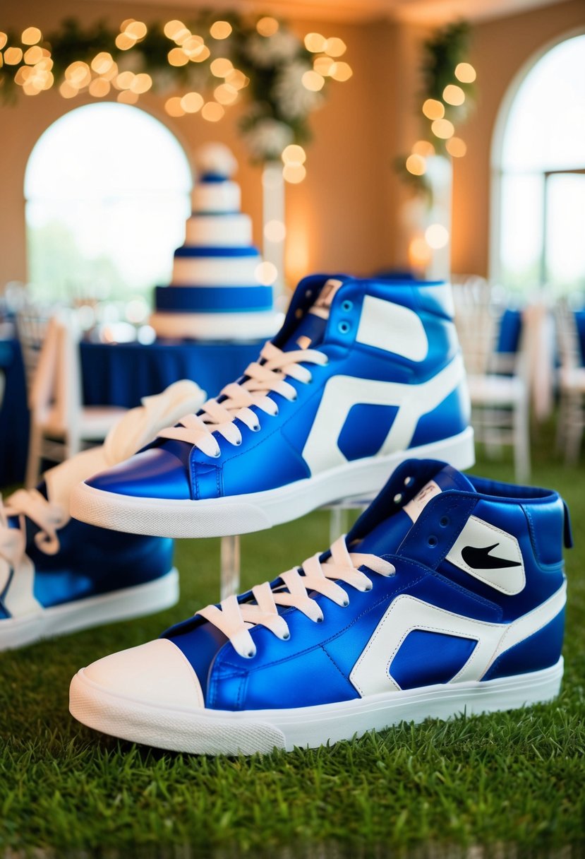 Giant sneakers adorn a wedding venue, serving as unique decor for a sneaker ball-themed celebration