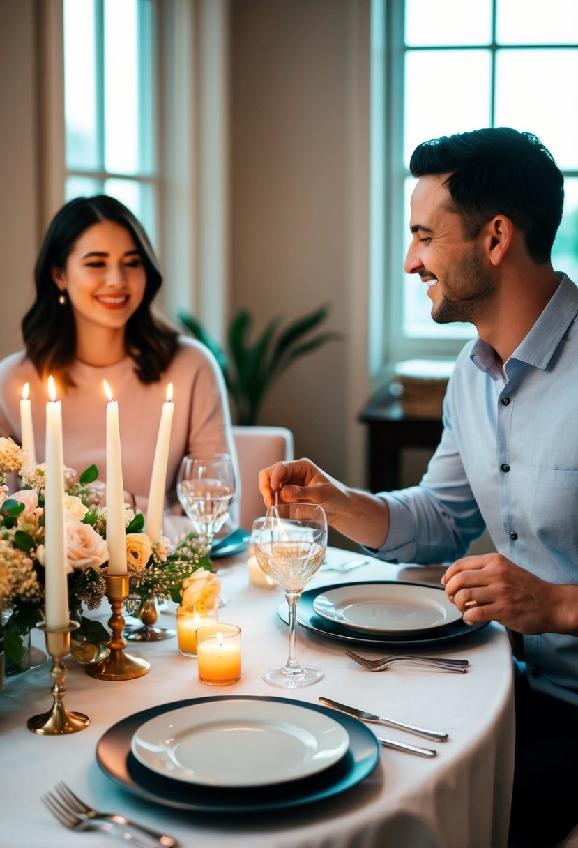 A table set with candles, flowers, and elegant dinnerware. A couple prepares a meal together, smiling and sharing memories