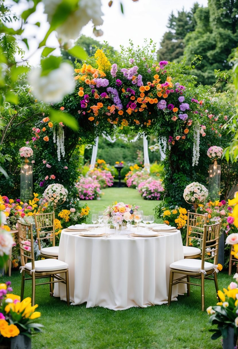 A lush garden filled with colorful blooming flowers, adorned with elegant decorations for a 45th wedding anniversary party