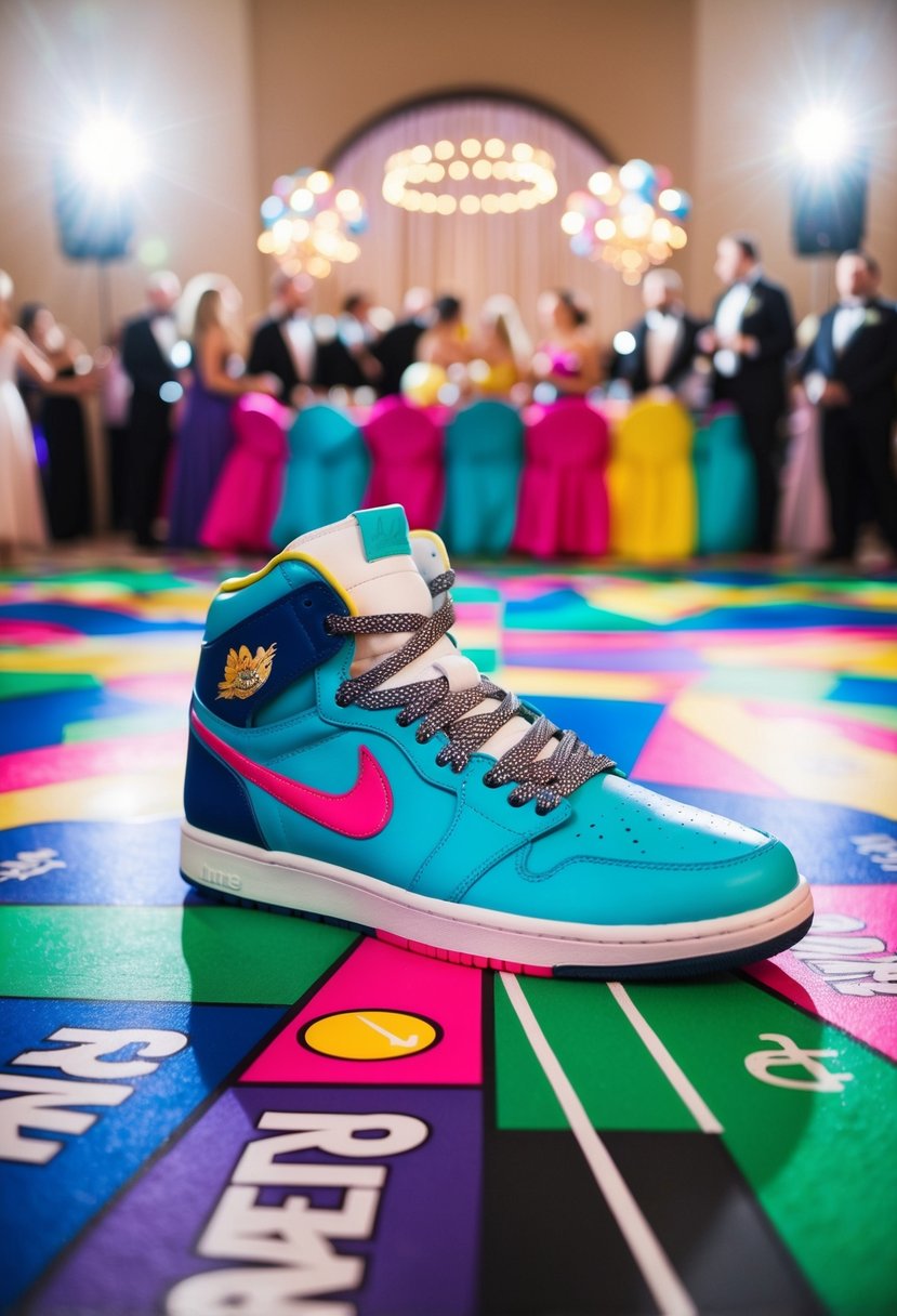 The dance floor is adorned with oversized sneaker prints, laces, and vibrant colors, creating a playful and energetic atmosphere for the sneaker ball wedding