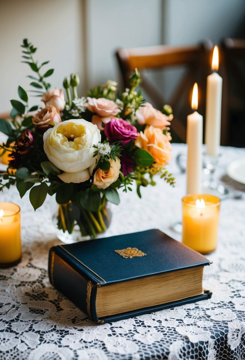 A table set with a white lace tablecloth, adorned with a bouquet of flowers, candles, and a vintage photo album