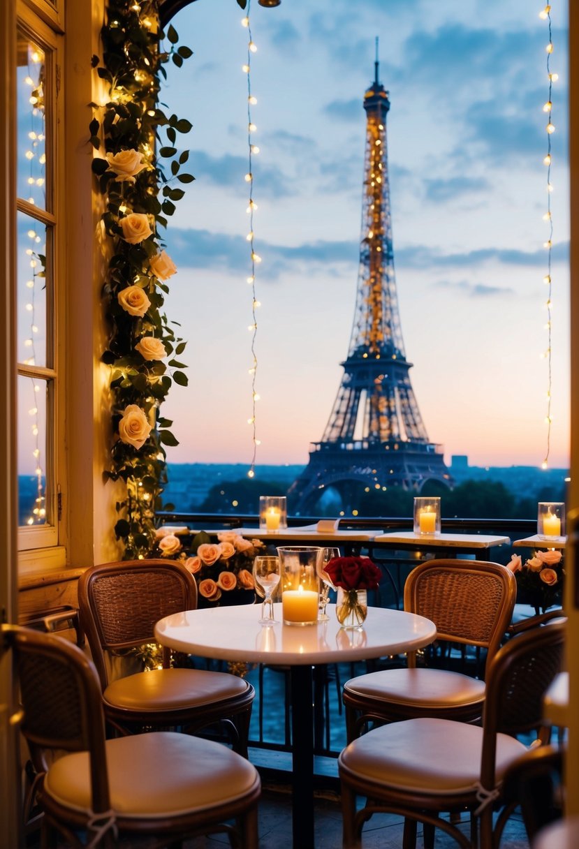 A cozy bistro with a view of the Eiffel Tower, adorned with twinkling lights and adorned with roses and candles