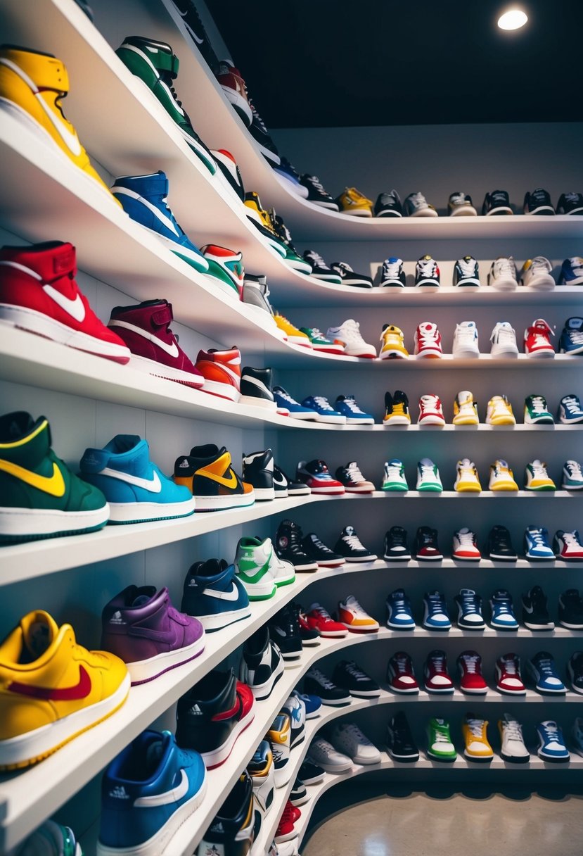 A wall lined with shelves displaying a variety of colorful and stylish sneakers, arranged in an eye-catching and organized manner