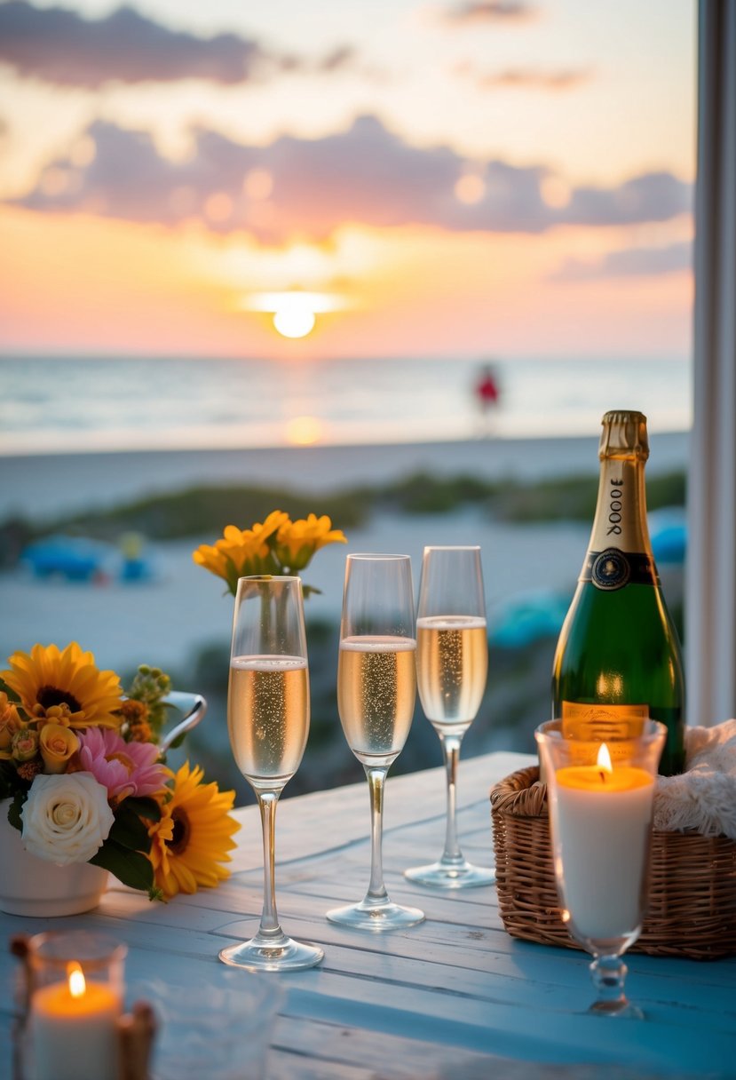 A cozy beachfront cottage with champagne, flowers, and a sunset view