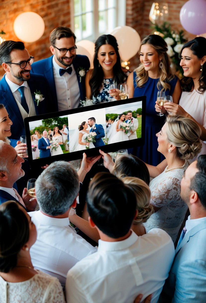 A couple surrounded by family and friends, watching a photo slideshow of their wedding day at a lively anniversary party