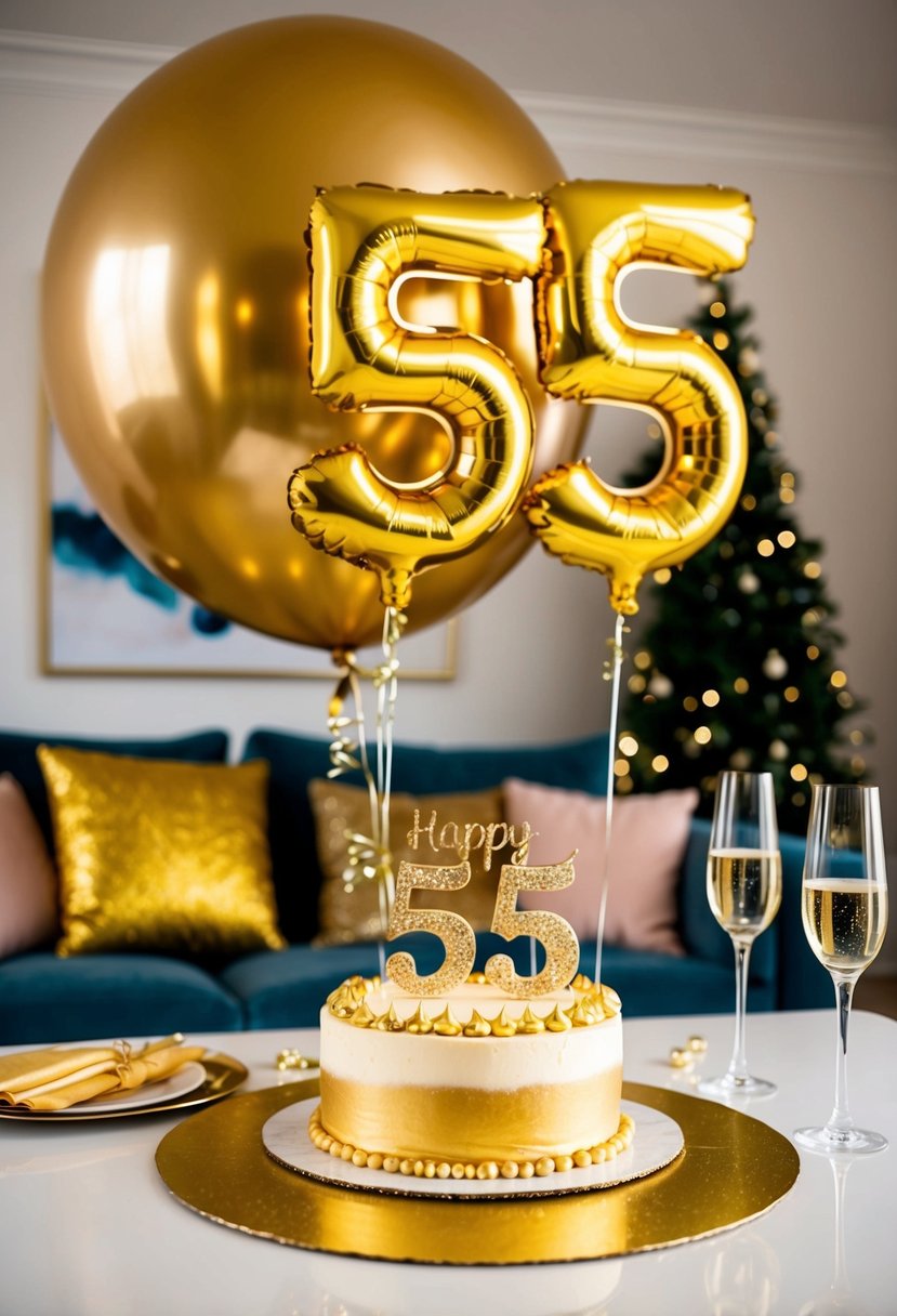 A festive living room with golden decorations, a large "55" balloon, and a table set with a golden anniversary cake and champagne glasses