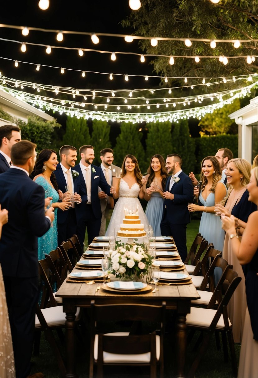 A backyard adorned with twinkling lights, a long table set with elegant decor and a cake, surrounded by happy guests mingling and celebrating