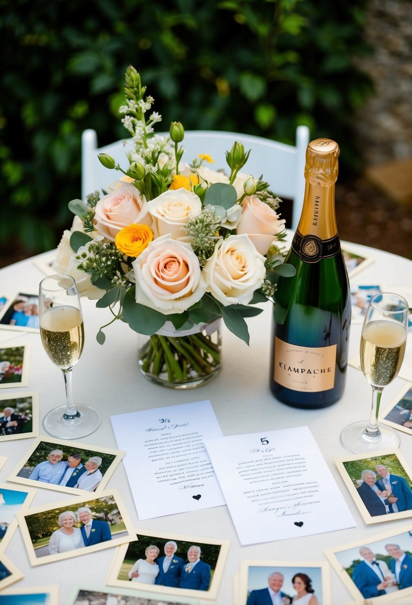 A table set with a bouquet of flowers, a bottle of champagne, and two love letters surrounded by photos from 55 years of marriage