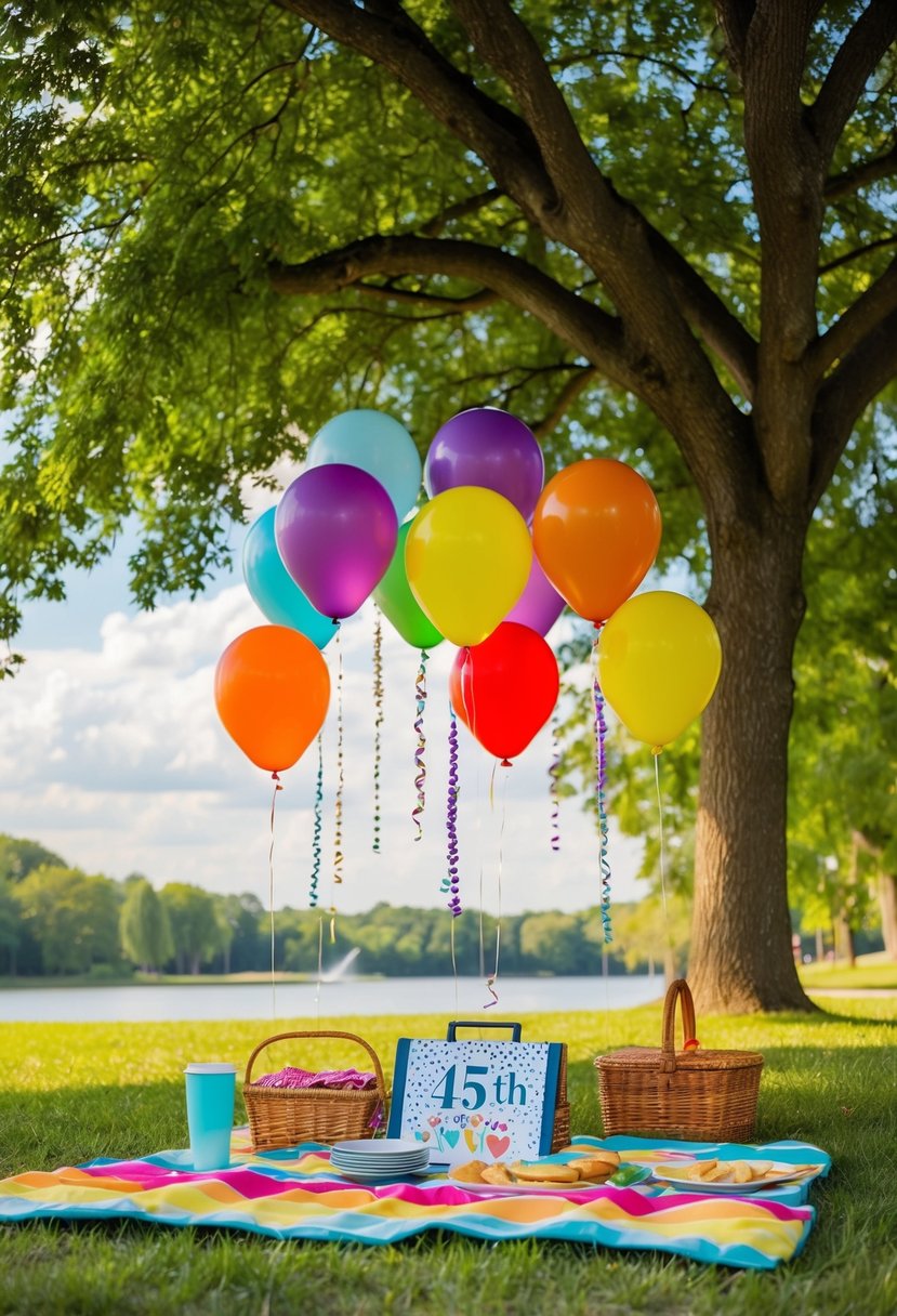 A colorful picnic spread under a shady tree in a scenic park, with balloons and streamers for a 45th wedding anniversary celebration