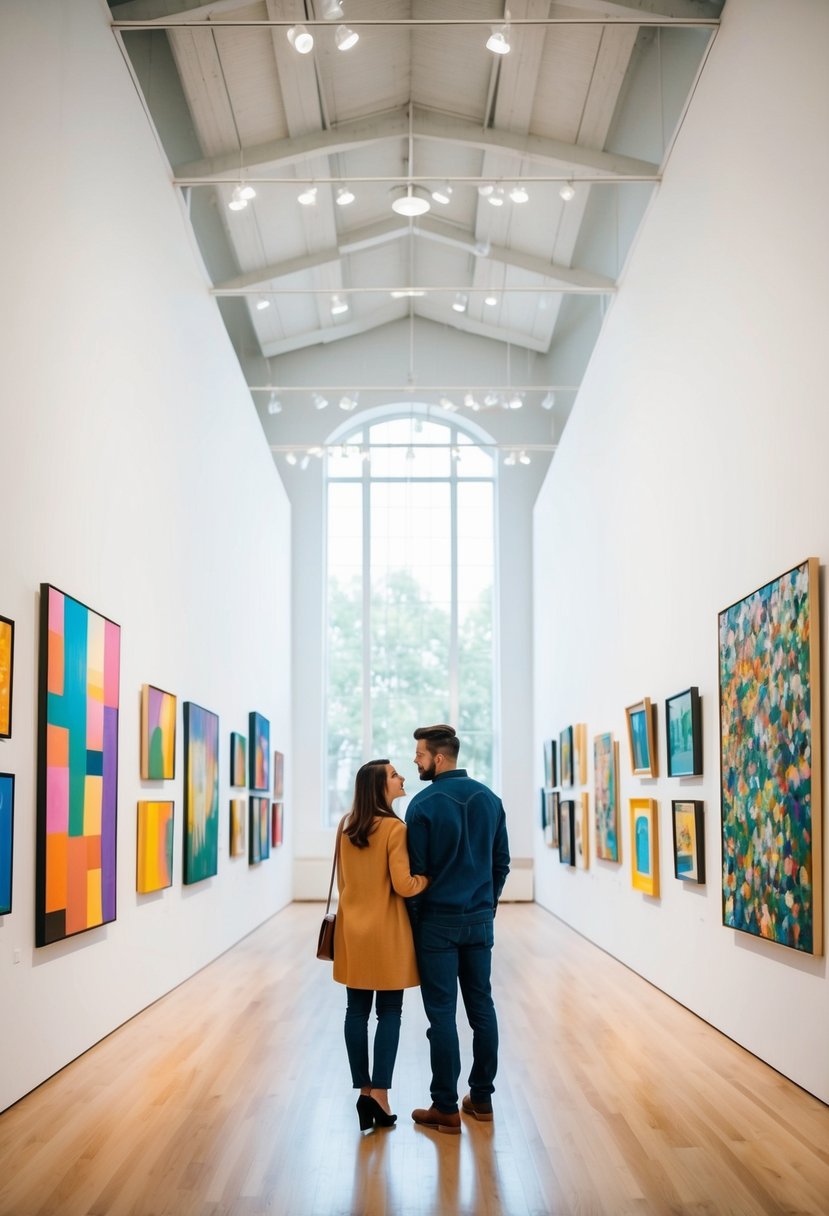 A couple admires a collection of colorful paintings in a spacious art gallery with high ceilings and natural light