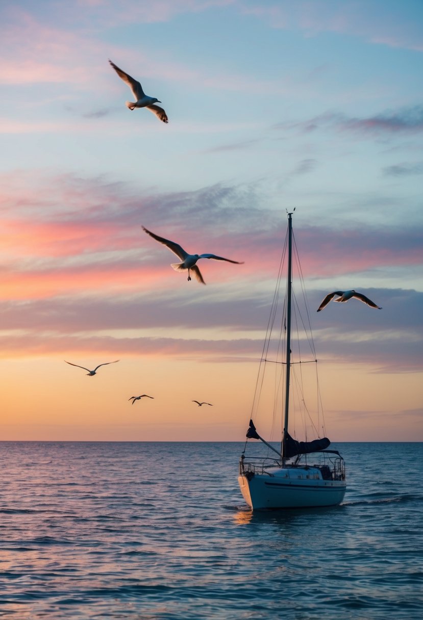 A serene ocean horizon with a colorful sunset, a boat sailing peacefully on the water, and seagulls flying in the distance