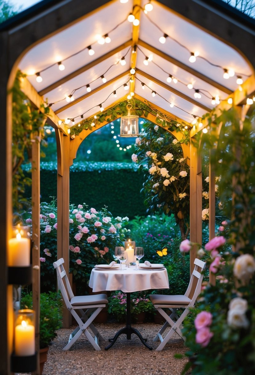 A small, candlelit garden with a canopy of twinkling lights and a table set for two, surrounded by blooming flowers and greenery