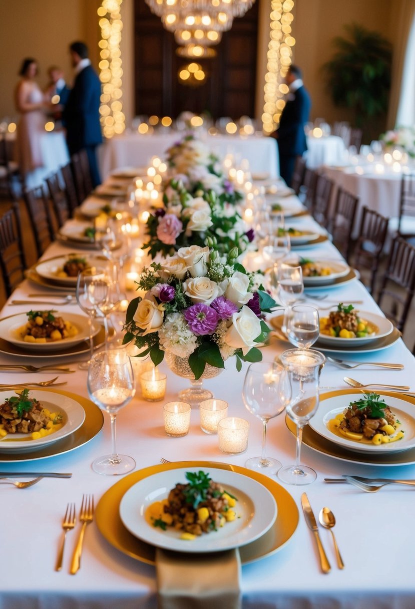 A beautifully set table with elegant place settings, surrounded by twinkling candles and floral centerpieces, showcasing an array of delicious dishes for a 45th wedding anniversary party