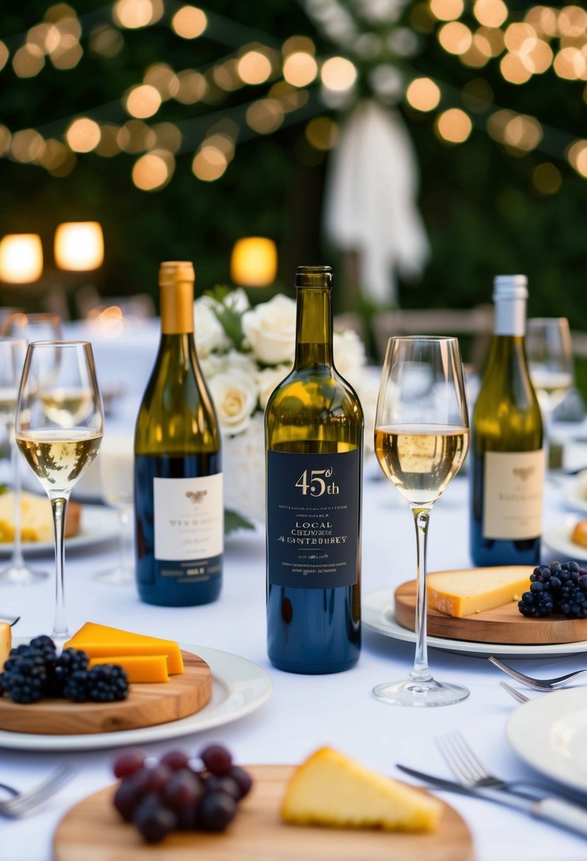 A table set with local wine bottles, glasses, and cheese platters for a 45th wedding anniversary party