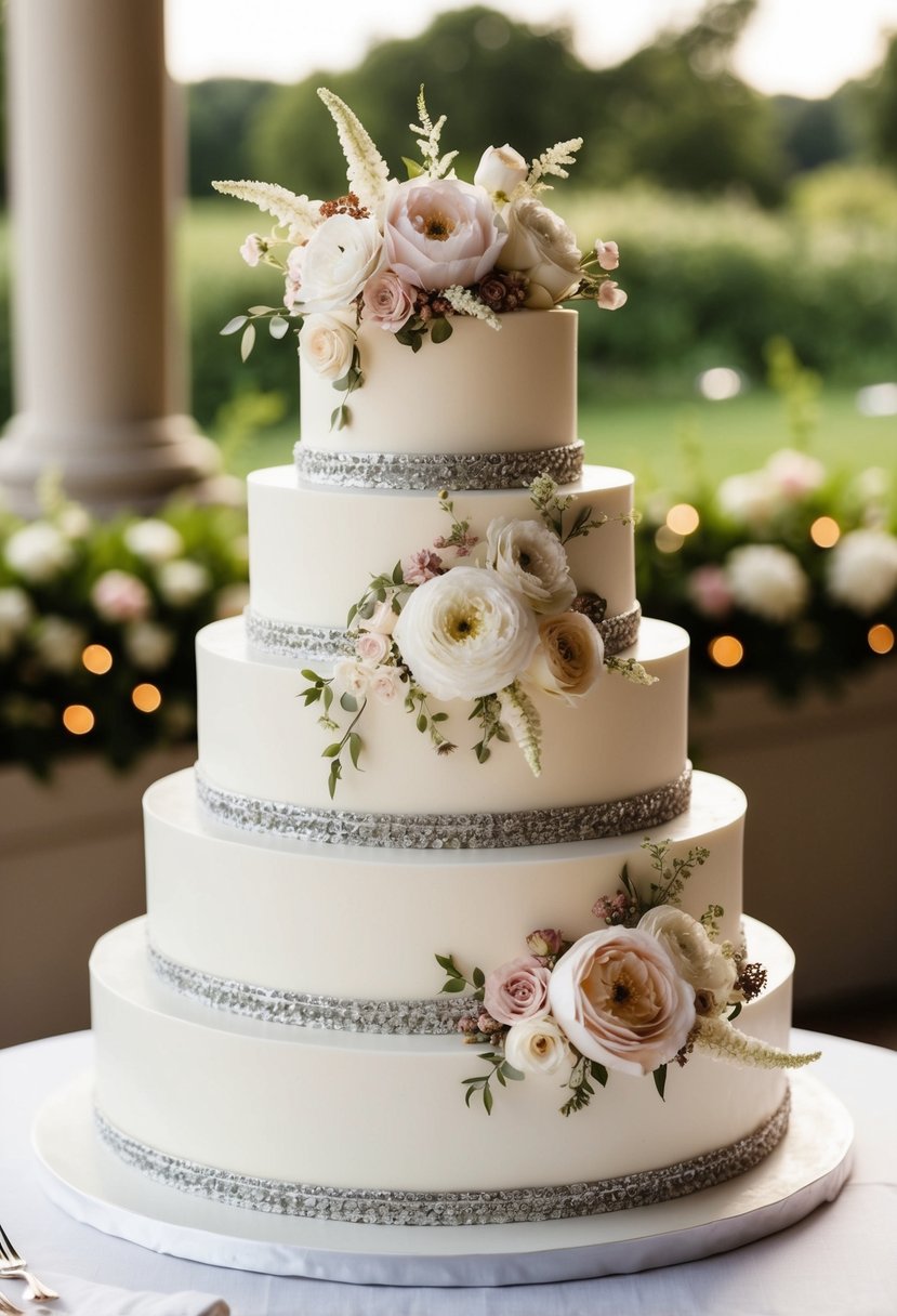 A tiered wedding cake with elegant floral decorations and ornate piping details