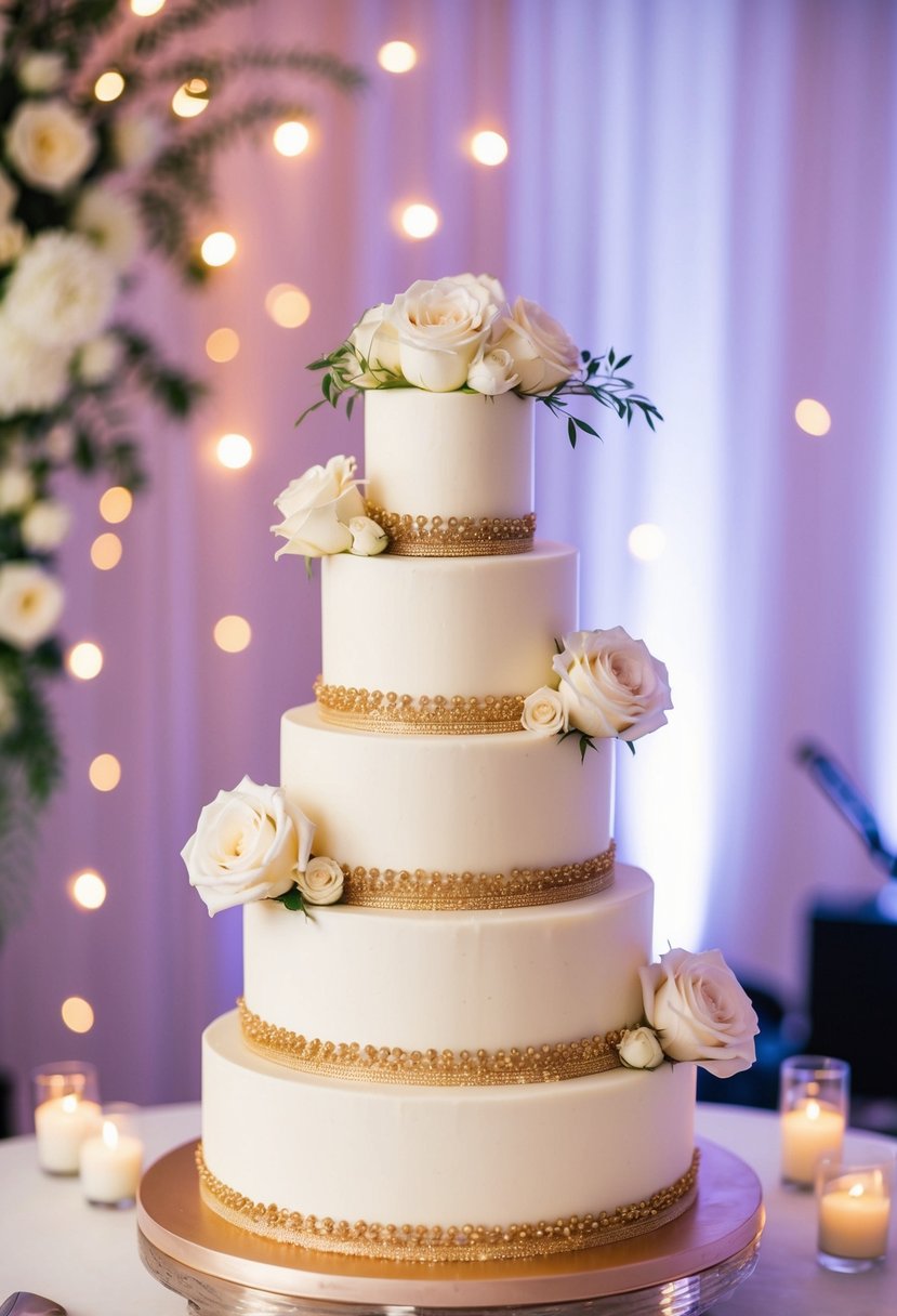 A three-tiered wedding cake adorned with delicate white roses and intricate gold detailing, set against a backdrop of soft candlelight and romantic music